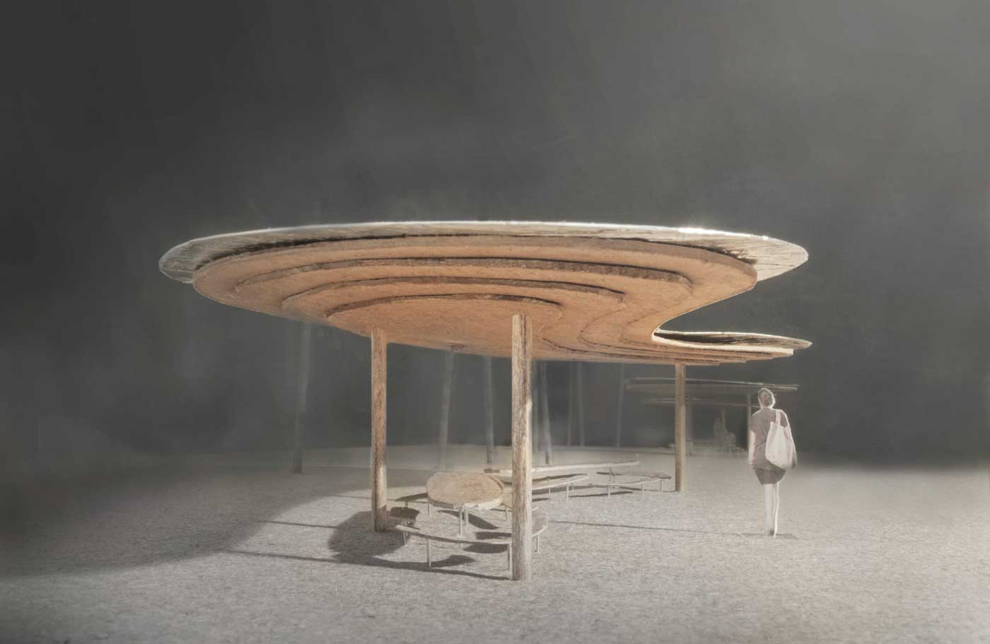 picnic tables with CLT wooden roofs